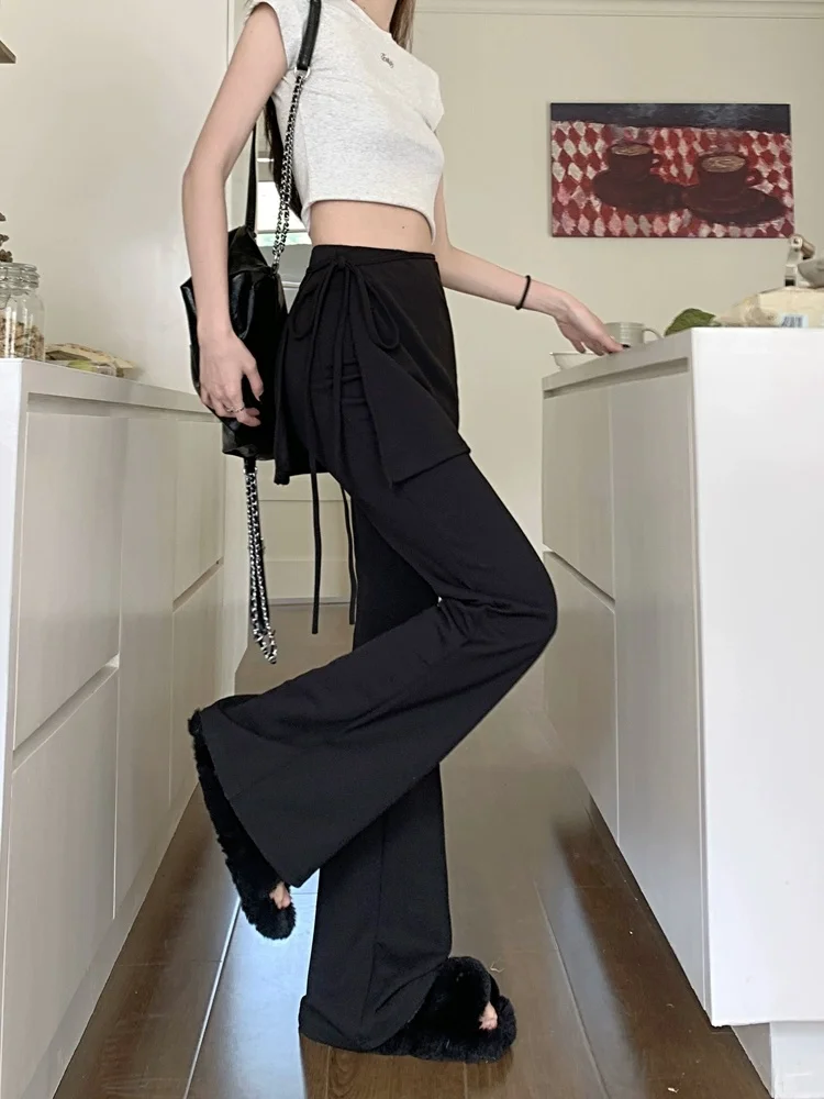 Black High Waist Slim Fit Pants Women's Summer Thin Belted Fake Two-Piece Design Commute Hoof Micro Flared Straight Leg Trousers