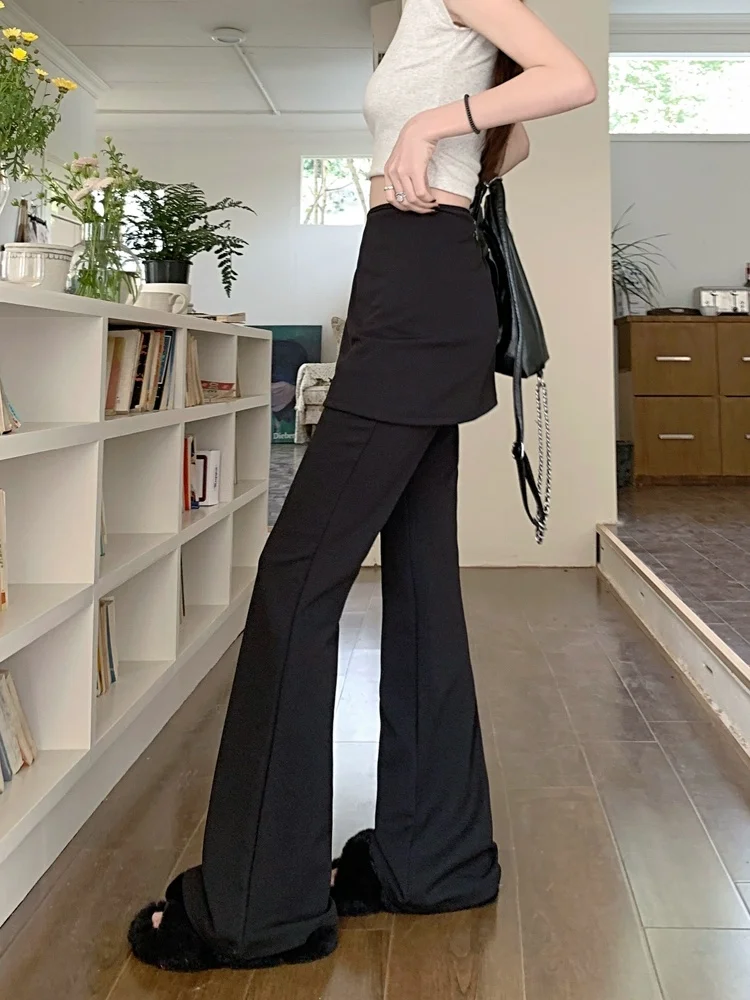 Black High Waist Slim Fit Pants Women's Summer Thin Belted Fake Two-Piece Design Commute Hoof Micro Flared Straight Leg Trousers