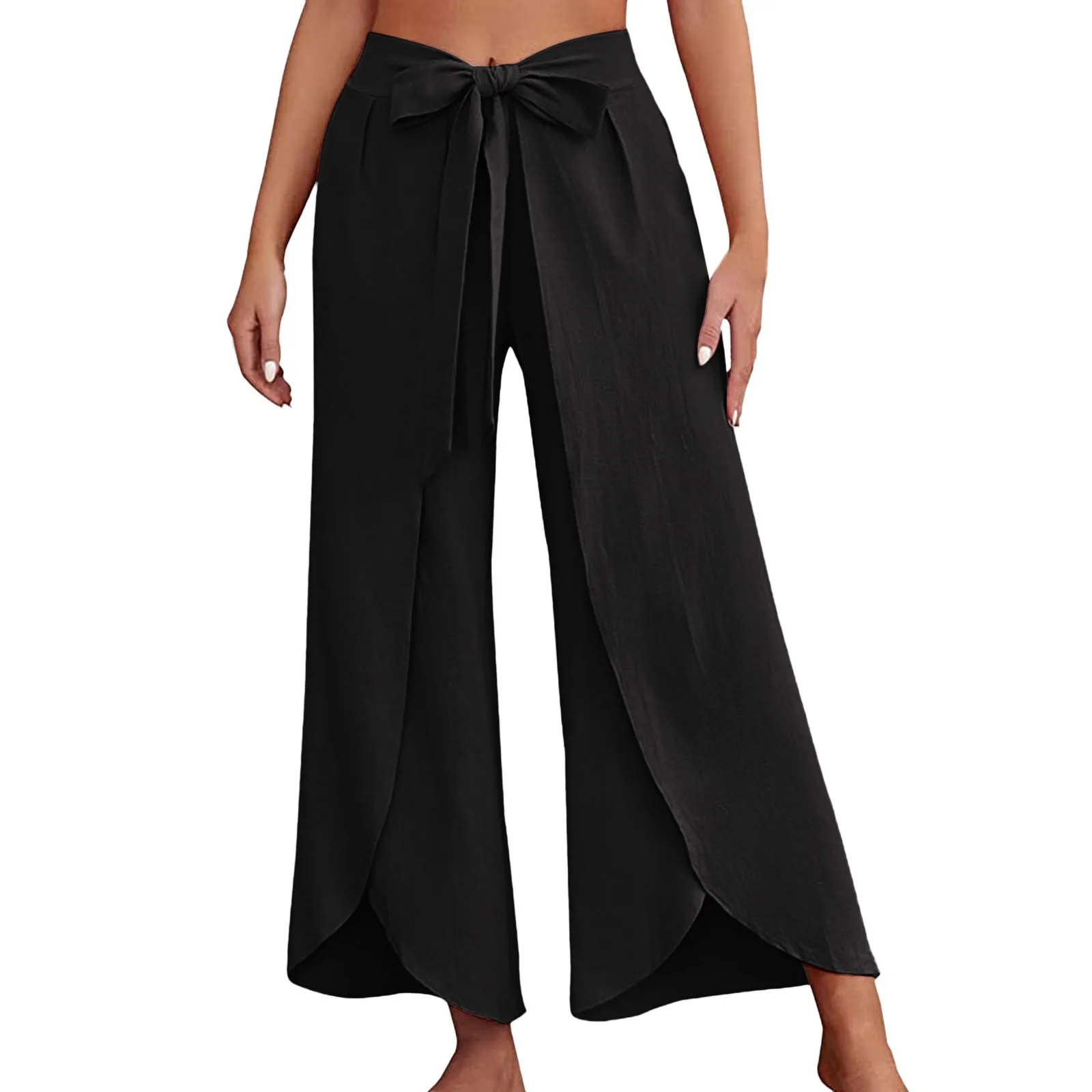 Womens Linen Wide Leg Pants Summer Business Flowy Bootcut Pants For Women Casual Beach Palazzo Pants Oversize Straight Trousers