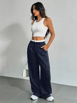 Fashion Pants Women's Stripe Straight Pants 2024 Autumn Winter High Waisted Casual Suit Pants Office Lady Women Trousers Bottoms