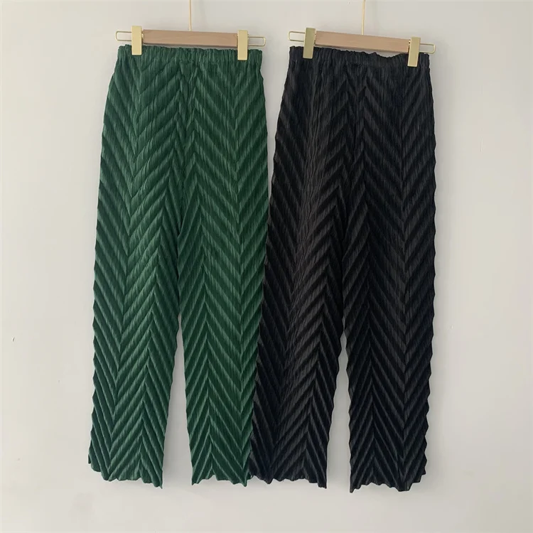 Miyake Pleated Handmade Wave Pants Women Korean Fashion New Elastic High Waist Casual Straight Trousers