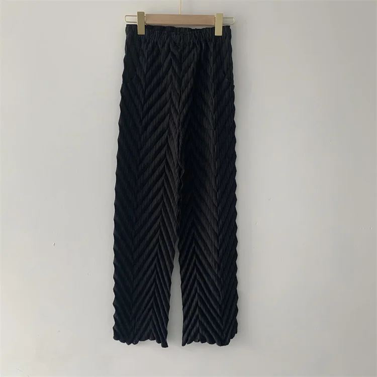 Miyake Pleated Handmade Wave Pants Women Korean Fashion New Elastic High Waist Casual Straight Trousers