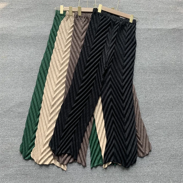 Miyake Pleated Handmade Wave Pants Women Korean Fashion New Elastic High Waist Casual Straight Trousers