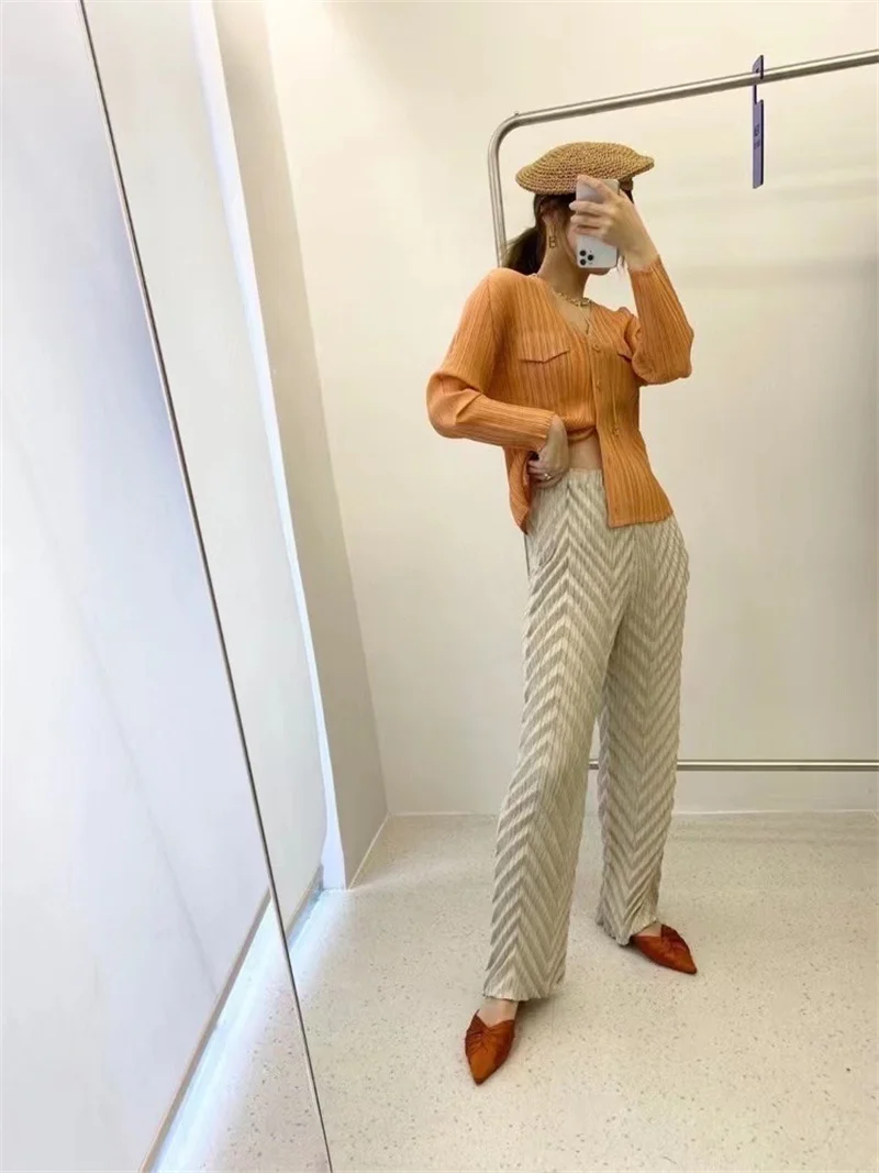 Miyake Pleated Handmade Wave Pants Women Korean Fashion New Elastic High Waist Casual Straight Trousers