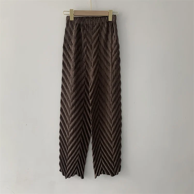 Miyake Pleated Handmade Wave Pants Women Korean Fashion New Elastic High Waist Casual Straight Trousers