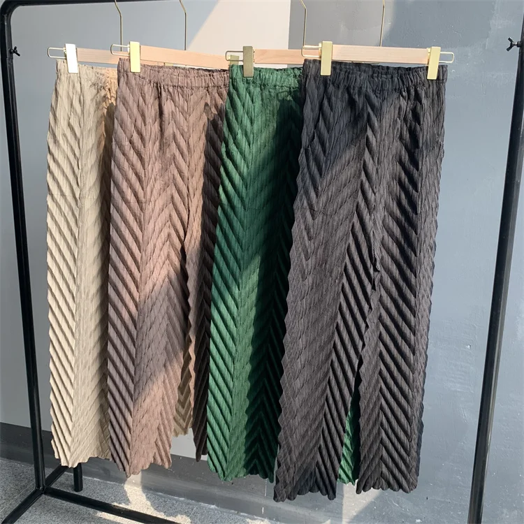 Miyake Pleated Handmade Wave Pants Women Korean Fashion New Elastic High Waist Casual Straight Trousers