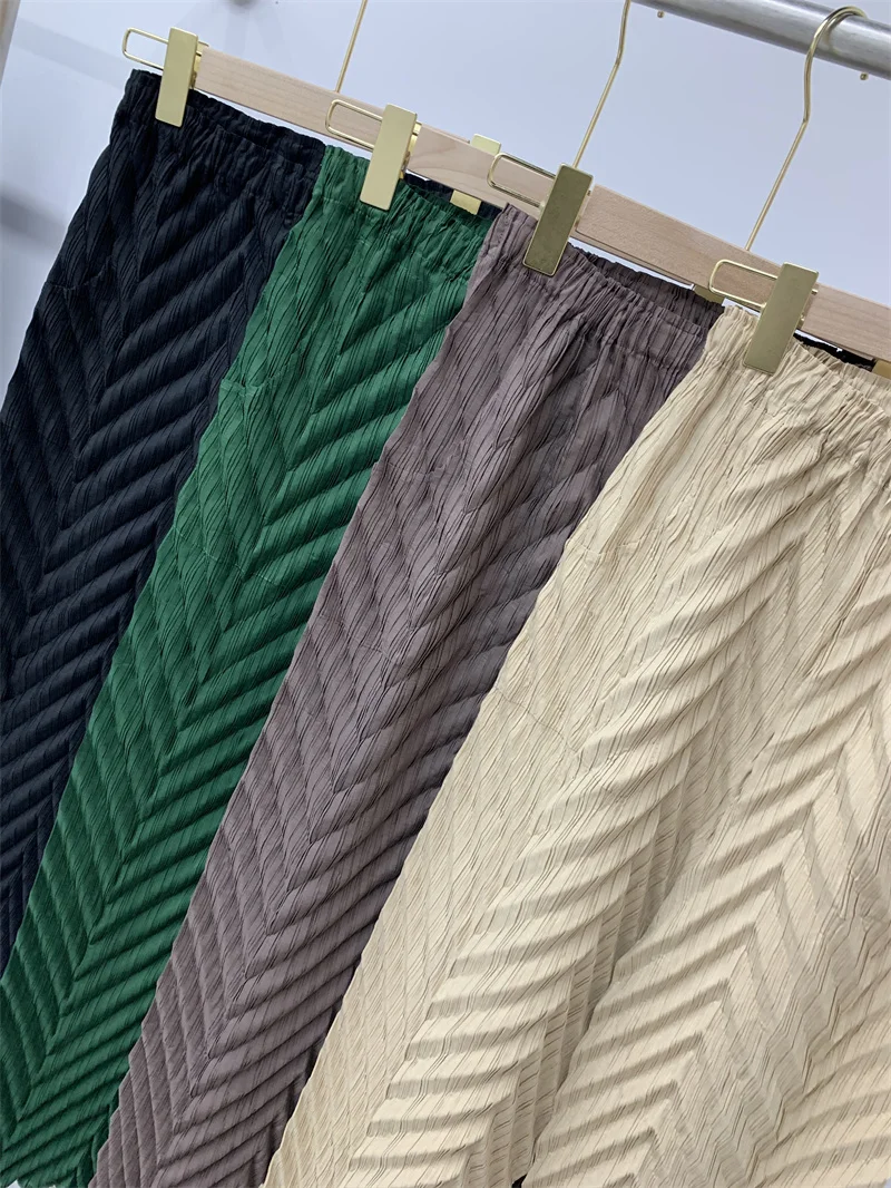 Miyake Pleated Handmade Wave Pants Women Korean Fashion New Elastic High Waist Casual Straight Trousers