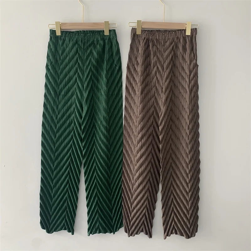 Miyake Pleated Handmade Wave Pants Women Korean Fashion New Elastic High Waist Casual Straight Trousers