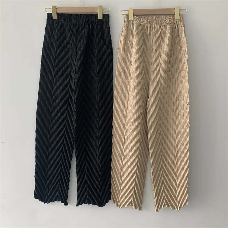 Miyake Pleated Handmade Wave Pants Women Korean Fashion New Elastic High Waist Casual Straight Trousers