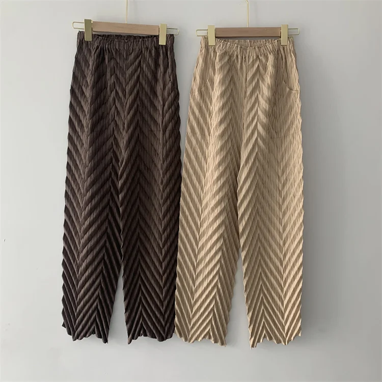 Miyake Pleated Handmade Wave Pants Women Korean Fashion New Elastic High Waist Casual Straight Trousers