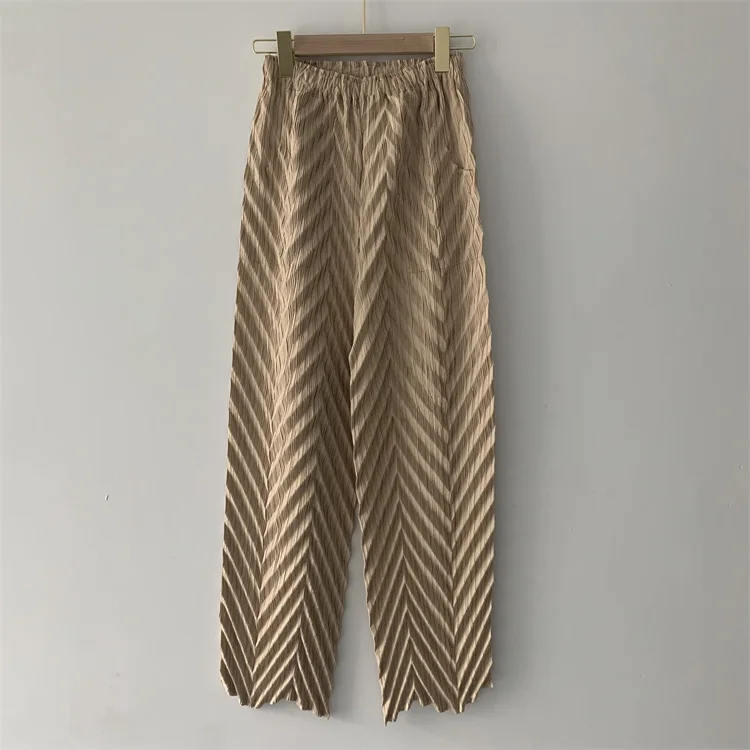 Miyake Pleated Handmade Wave Pants Women Korean Fashion New Elastic High Waist Casual Straight Trousers