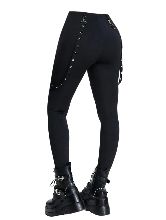 Dressfo 2025 New Women's Pants Hollow Out Solid Color Gothic Pants Grommet Chain Embellishment High Waisted Long Skinny Pants