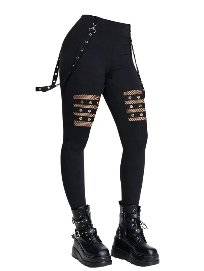 Dressfo 2025 New Women's Pants Hollow Out Solid Color Gothic Pants Grommet Chain Embellishment High Waisted Long Skinny Pants