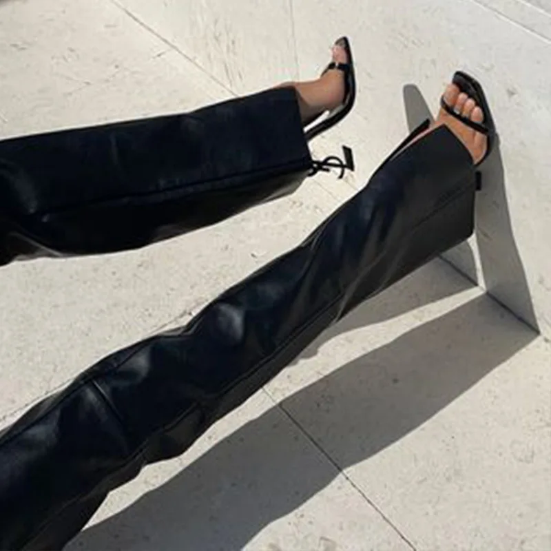New European American Women's Slim Leather Pants Straight Leg Lace-up Low Waist Emo Casual Versatile Trousers