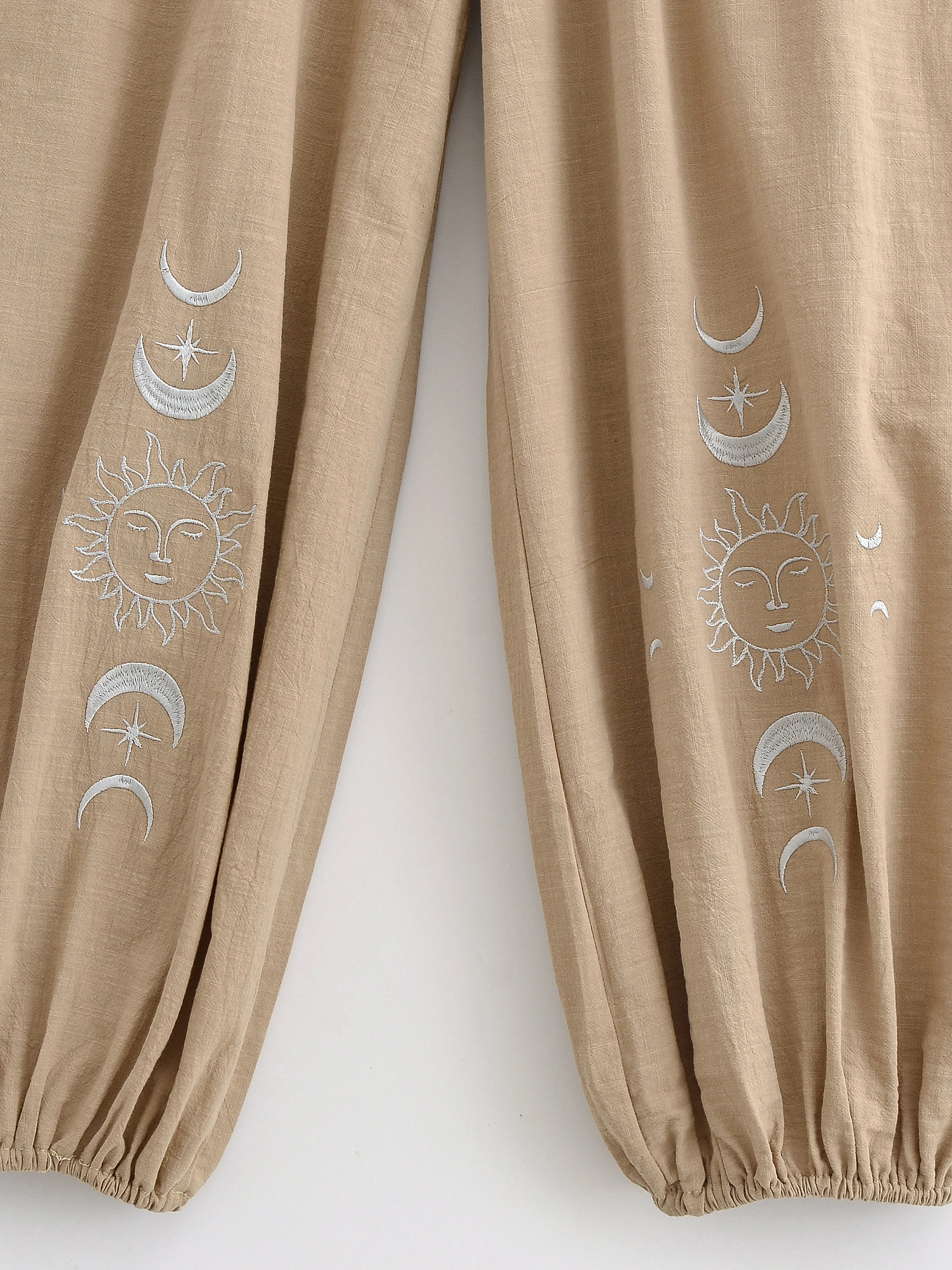 Vintage Chic 2025 Autumn Fashion Sun Moon Embroidery Linen Cotton Baggy Pants Women Bloomers Side Pockets Loose Yoga Trousers