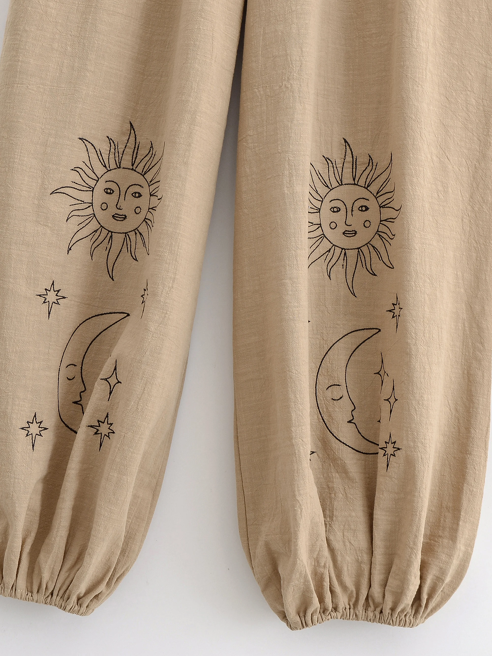 Vintage Chic 2025 Autumn Fashion Sun Moon Embroidery Linen Cotton Baggy Pants Women Bloomers Side Pockets Loose Yoga Trousers