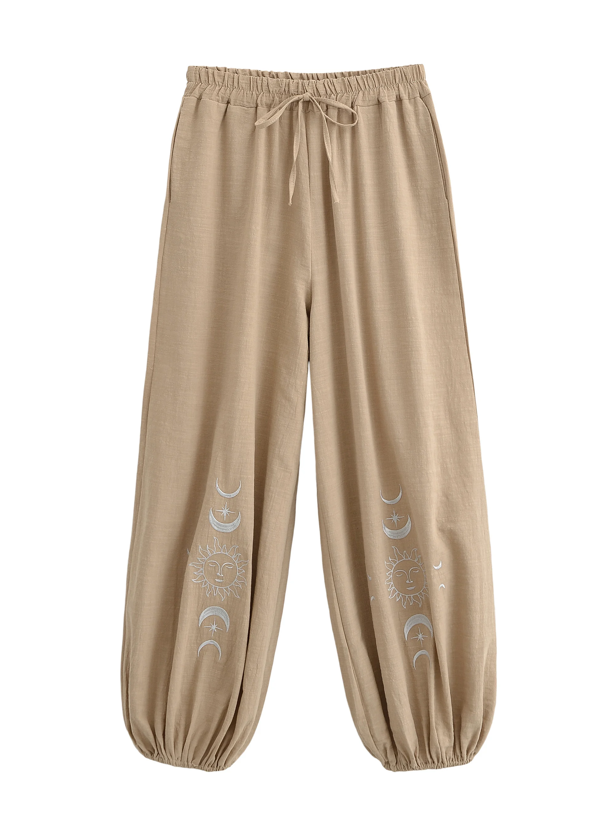 Vintage Chic 2025 Autumn Fashion Sun Moon Embroidery Linen Cotton Baggy Pants Women Bloomers Side Pockets Loose Yoga Trousers
