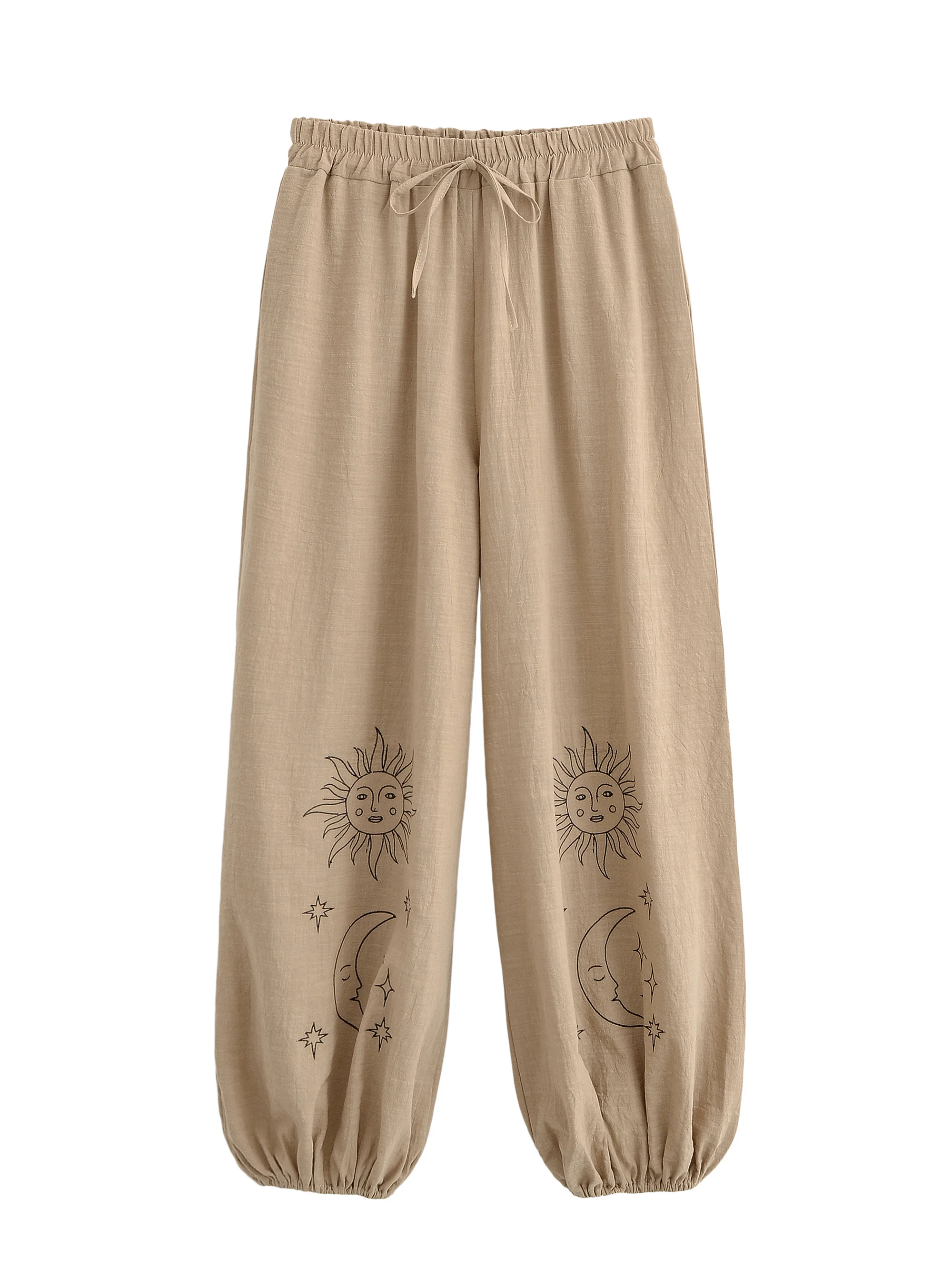 Vintage Chic 2025 Autumn Fashion Sun Moon Embroidery Linen Cotton Baggy Pants Women Bloomers Side Pockets Loose Yoga Trousers