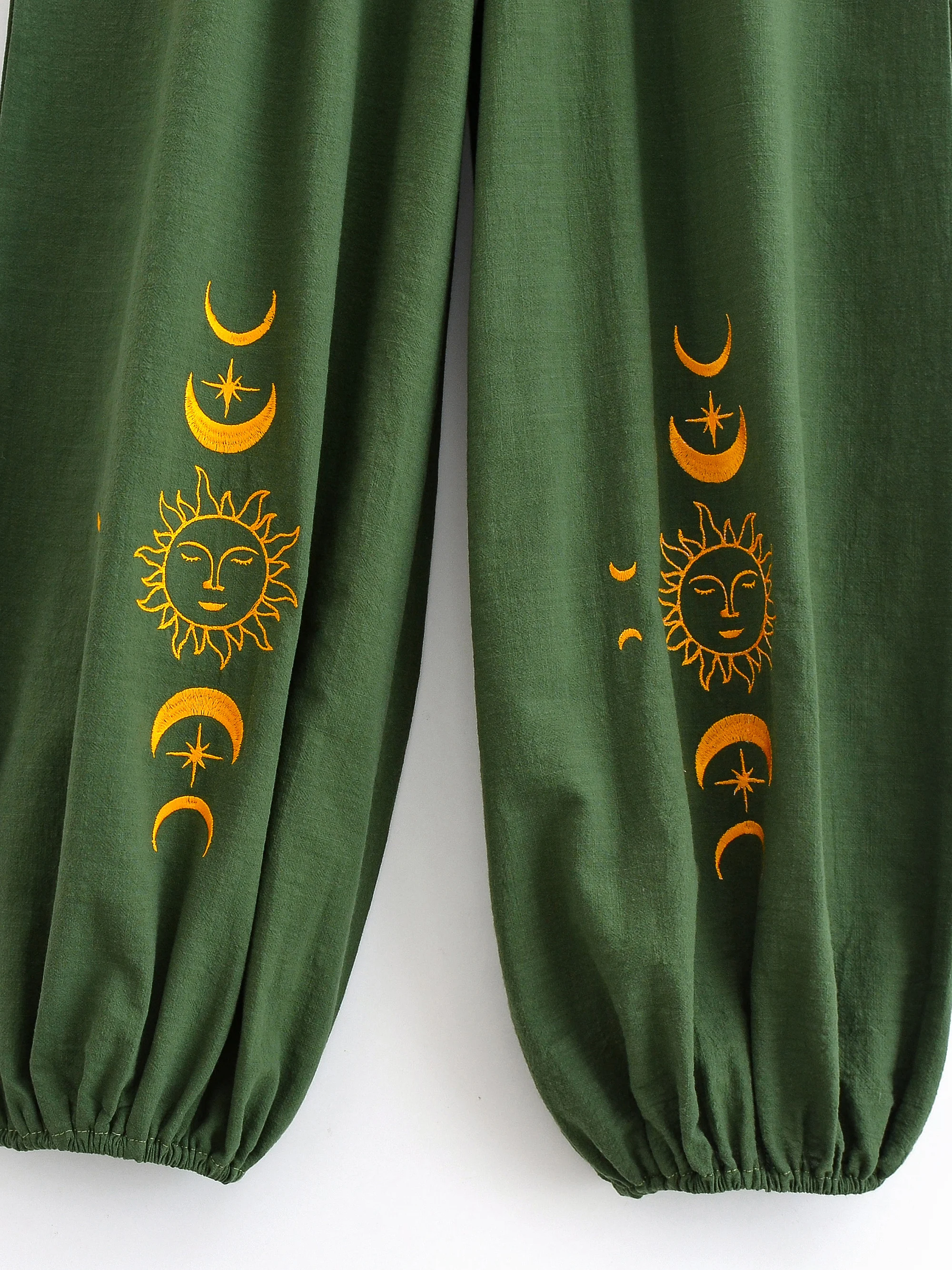 Vintage Chic 2025 Autumn Fashion Sun Moon Embroidery Linen Cotton Baggy Pants Women Bloomers Side Pockets Loose Yoga Trousers