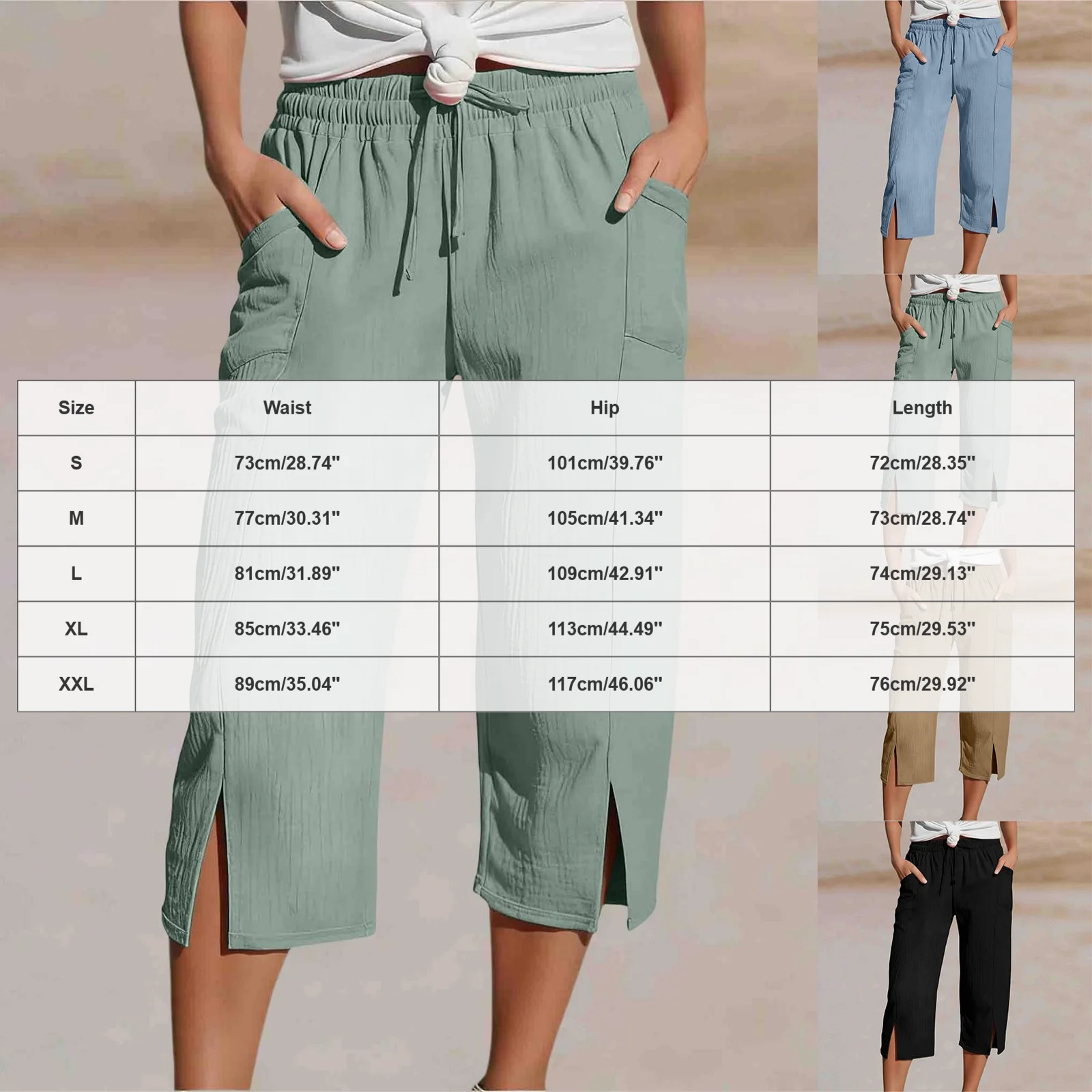 Women Cotton Linen Pants Women Large Pocket Solid Color Straight Tube Loose Beach Capri Spring Summer 3/4 Muslin Trousers