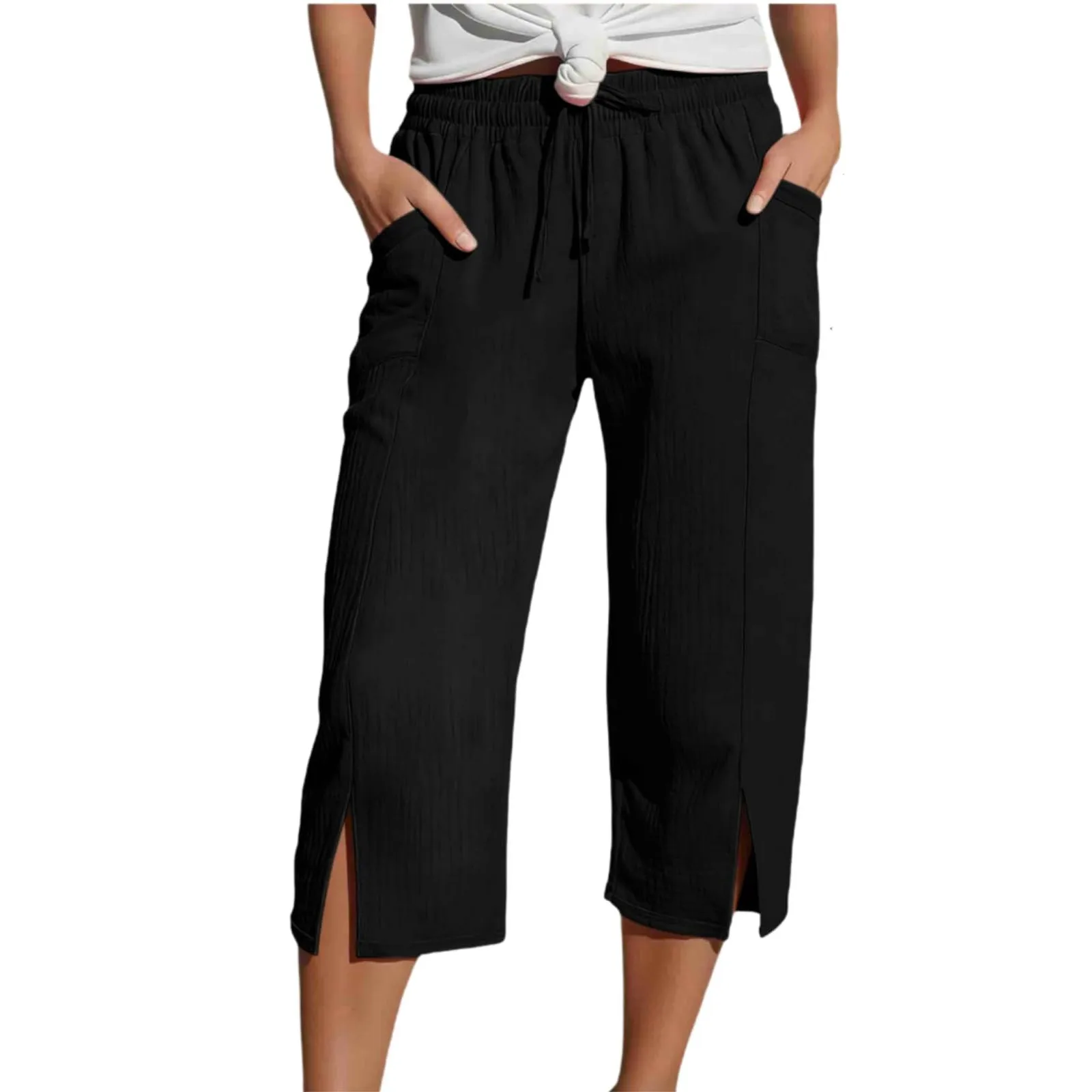 Women Cotton Linen Pants Women Large Pocket Solid Color Straight Tube Loose Beach Capri Spring Summer 3/4 Muslin Trousers
