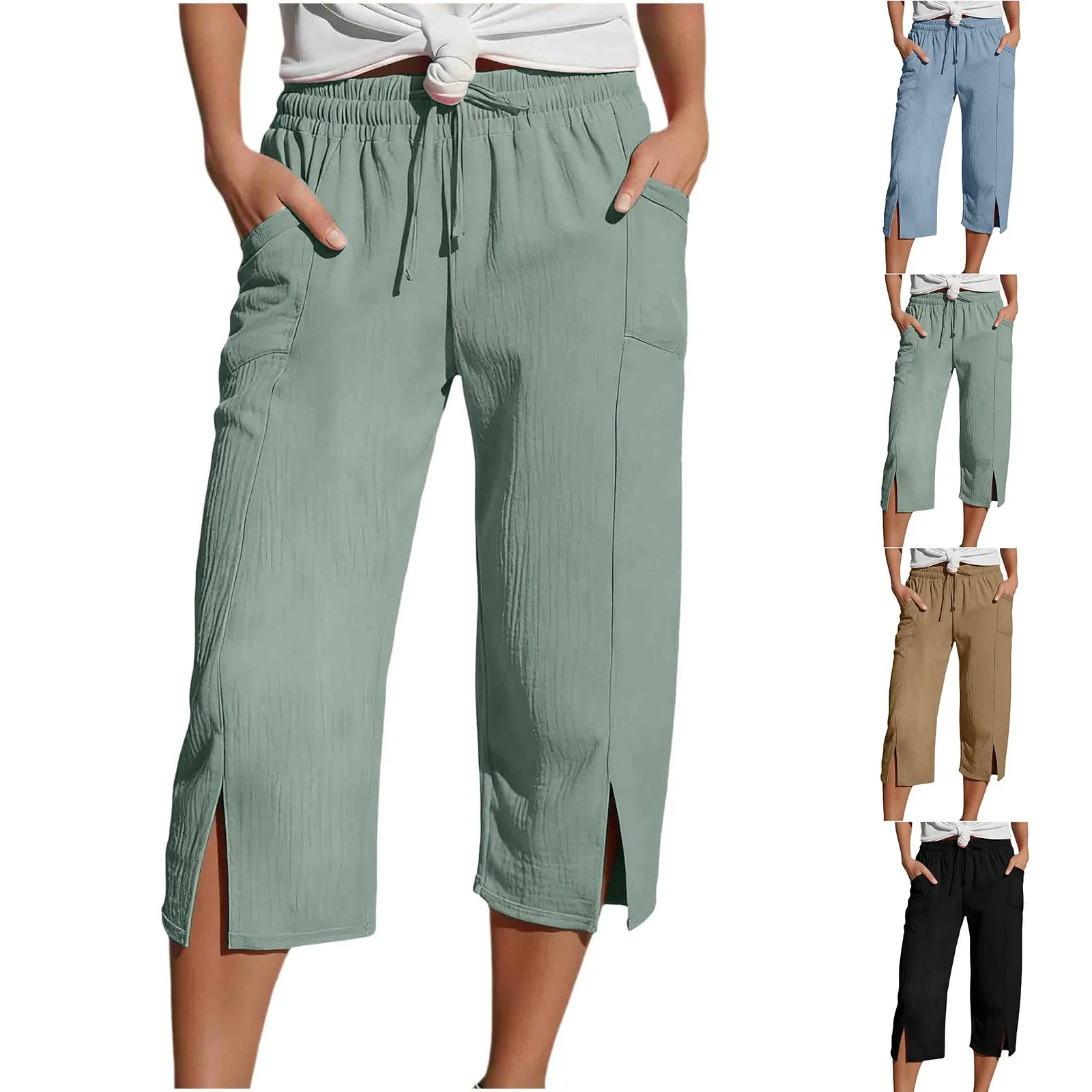 Women Cotton Linen Pants Women Large Pocket Solid Color Straight Tube Loose Beach Capri Spring Summer 3/4 Muslin Trousers