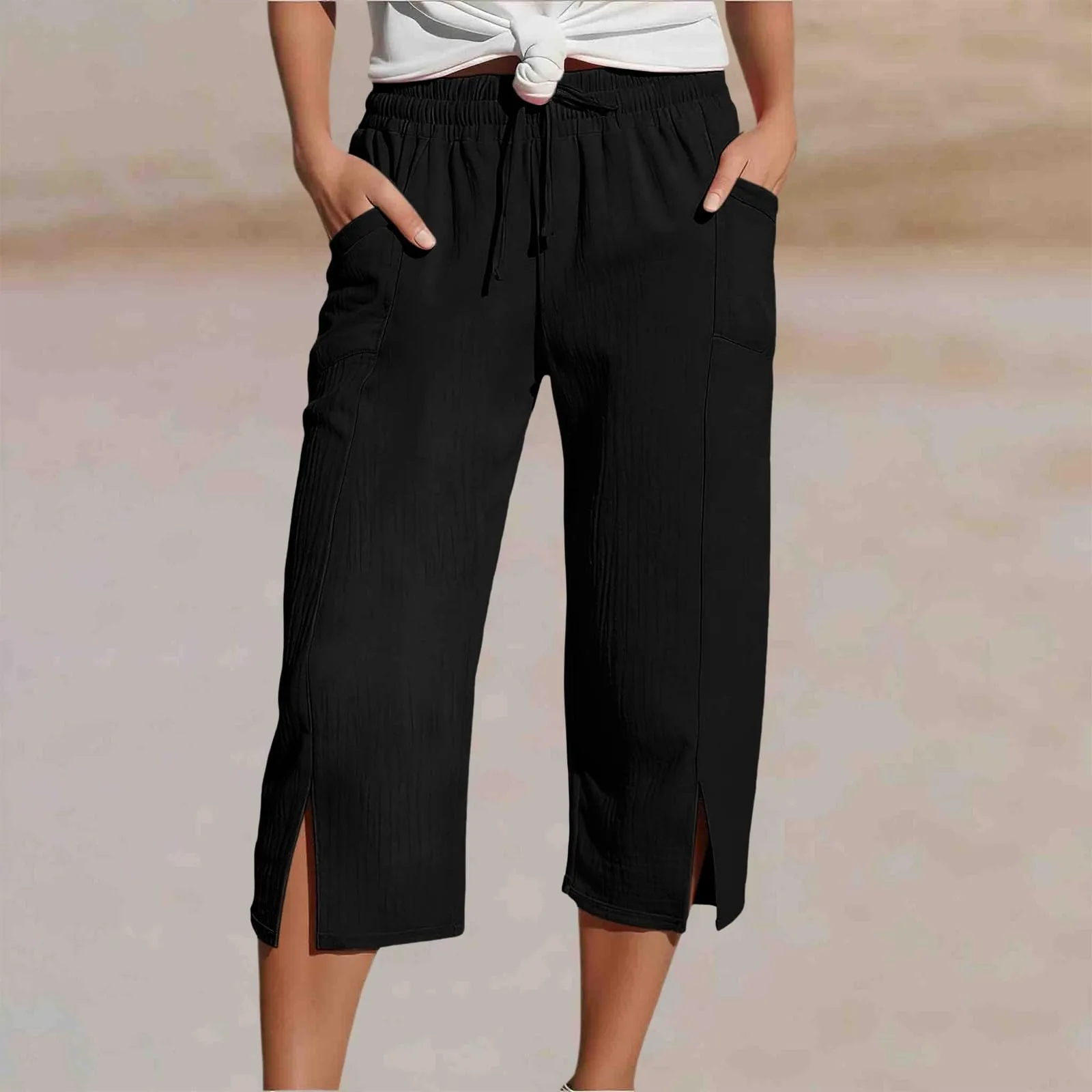 Women Cotton Linen Pants Women Large Pocket Solid Color Straight Tube Loose Beach Capri Spring Summer 3/4 Muslin Trousers