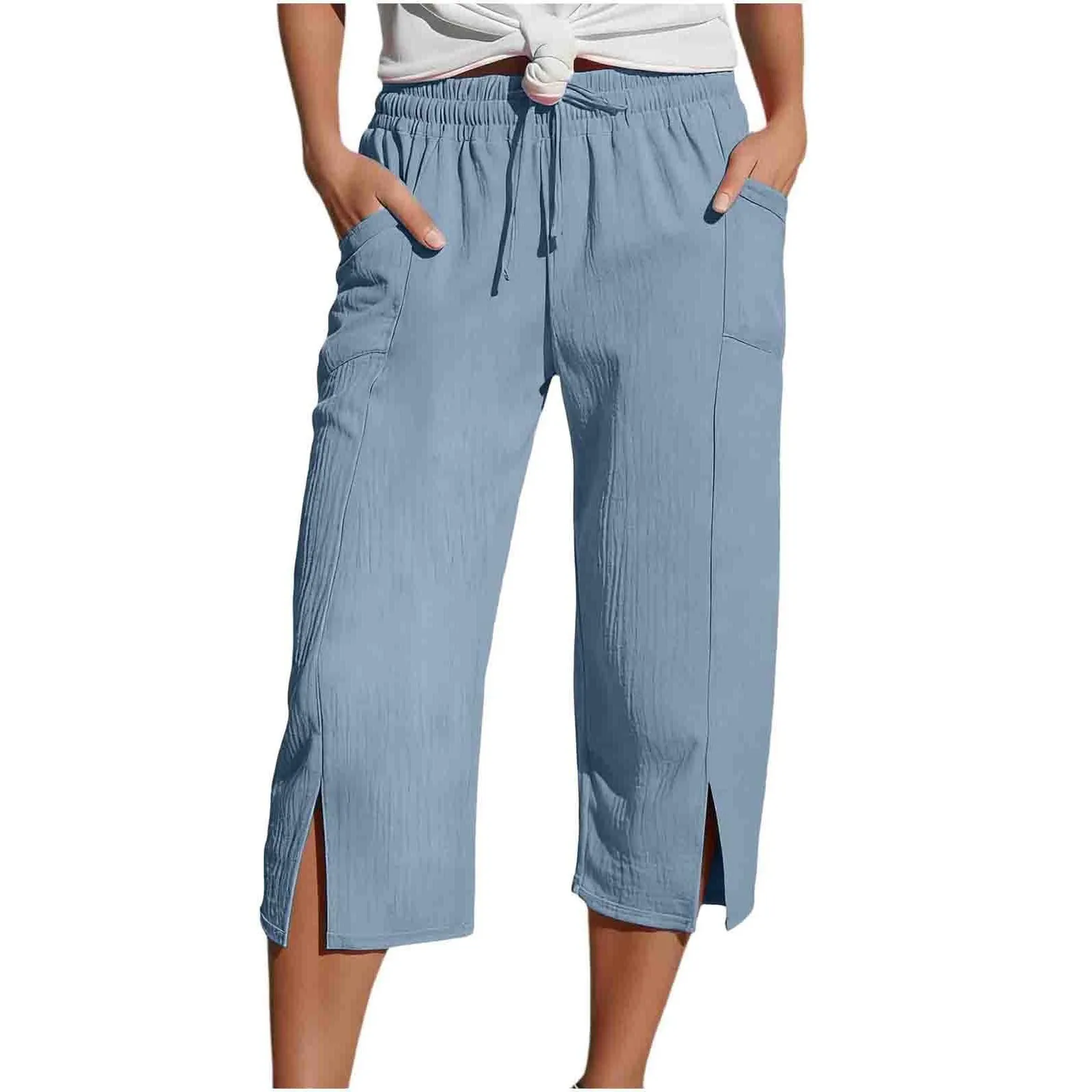 Women Cotton Linen Pants Women Large Pocket Solid Color Straight Tube Loose Beach Capri Spring Summer 3/4 Muslin Trousers