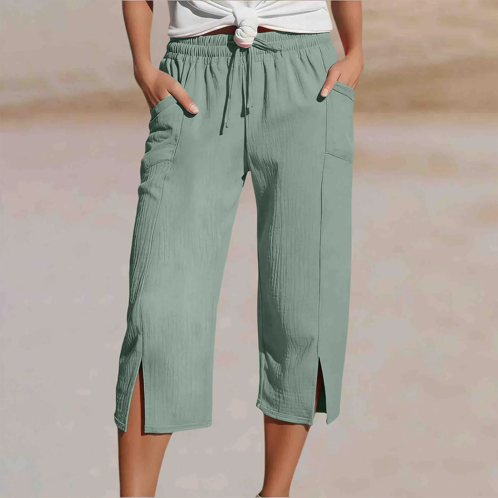 Women Cotton Linen Pants Women Large Pocket Solid Color Straight Tube Loose Beach Capri Spring Summer 3/4 Muslin Trousers