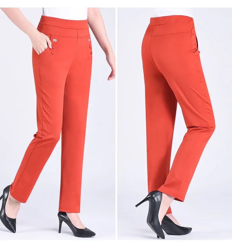 2024 Women Spring Summer Women New Middle-aged Thin Pants Female Elastic Waist Casual Pant Ladies Long Straight Trousers Y781