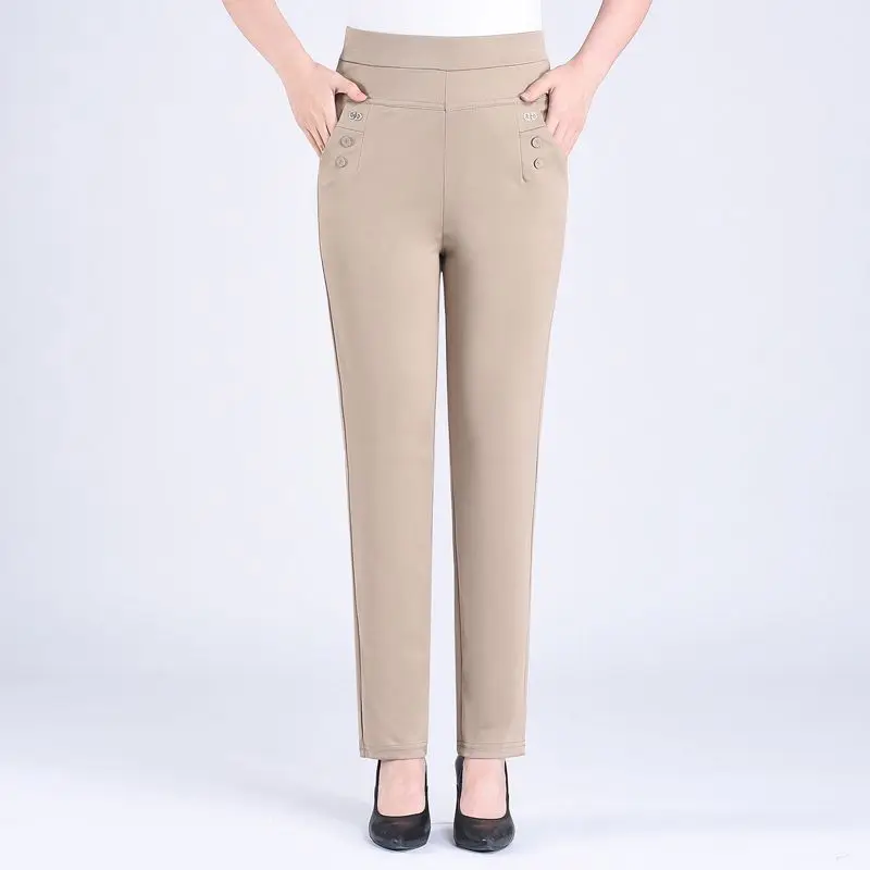 2024 Women Spring Summer Women New Middle-aged Thin Pants Female Elastic Waist Casual Pant Ladies Long Straight Trousers Y781