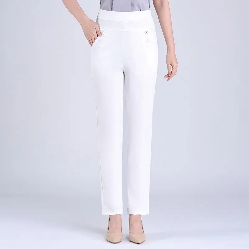 2024 Women Spring Summer Women New Middle-aged Thin Pants Female Elastic Waist Casual Pant Ladies Long Straight Trousers Y781