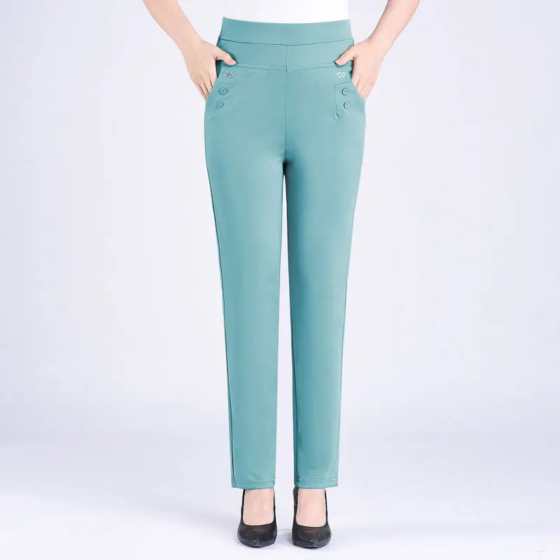2024 Women Spring Summer Women New Middle-aged Thin Pants Female Elastic Waist Casual Pant Ladies Long Straight Trousers Y781