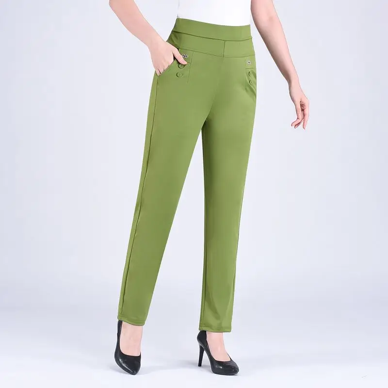 2024 Women Spring Summer Women New Middle-aged Thin Pants Female Elastic Waist Casual Pant Ladies Long Straight Trousers Y781