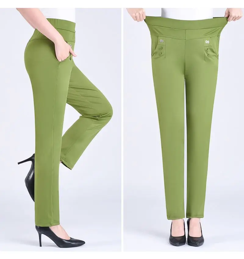 2024 Women Spring Summer Women New Middle-aged Thin Pants Female Elastic Waist Casual Pant Ladies Long Straight Trousers Y781