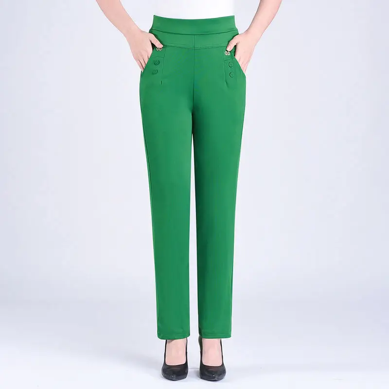 2024 Women Spring Summer Women New Middle-aged Thin Pants Female Elastic Waist Casual Pant Ladies Long Straight Trousers Y781