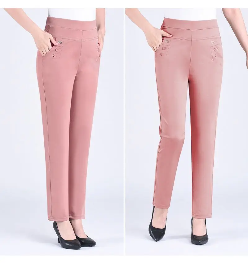 2024 Women Spring Summer Women New Middle-aged Thin Pants Female Elastic Waist Casual Pant Ladies Long Straight Trousers Y781