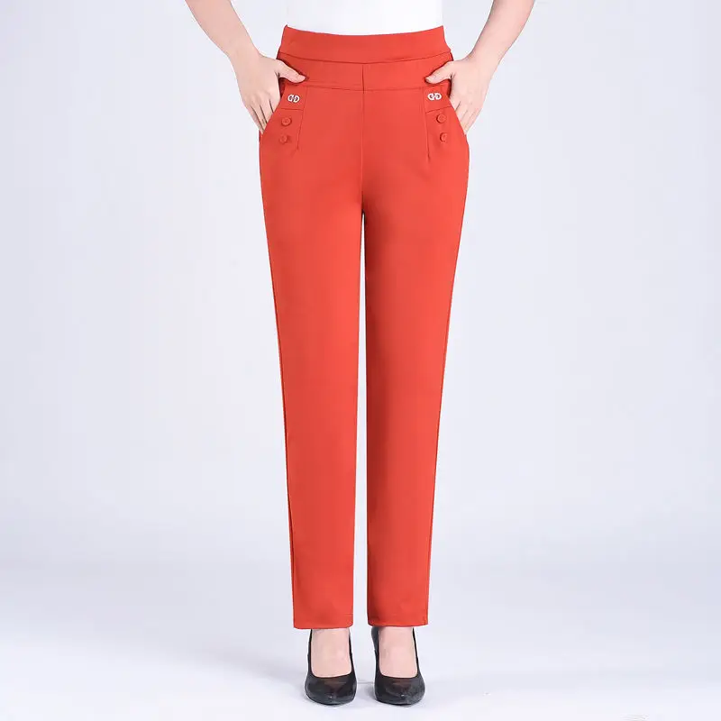 2024 Women Spring Summer Women New Middle-aged Thin Pants Female Elastic Waist Casual Pant Ladies Long Straight Trousers Y781
