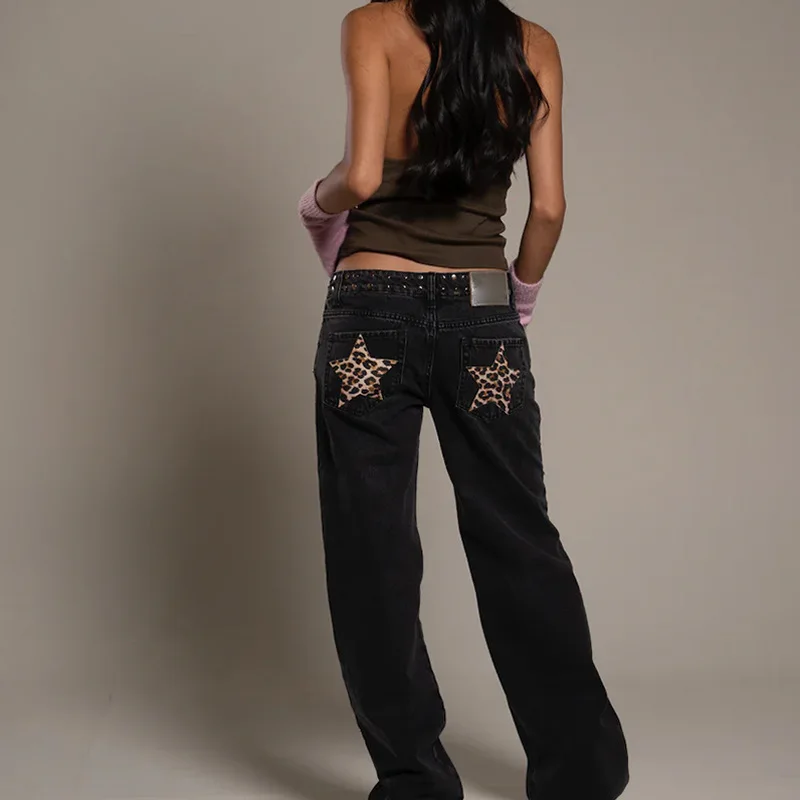 Leopard Star Jeans Y2K Women New Fashion High Waist Zipper Straight Jeans Female Casual Streetwear Harajuku Hip Hop Black Pants
