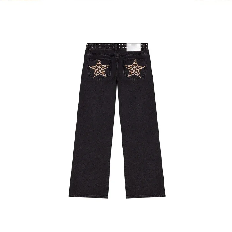 Leopard Star Jeans Y2K Women New Fashion High Waist Zipper Straight Jeans Female Casual Streetwear Harajuku Hip Hop Black Pants