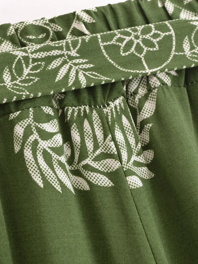Boho Queens Women Green Floral Bohemian Wide Leg Pants Lady Elastic Waist Loose Vacation Boho Pants Oversize Trousers