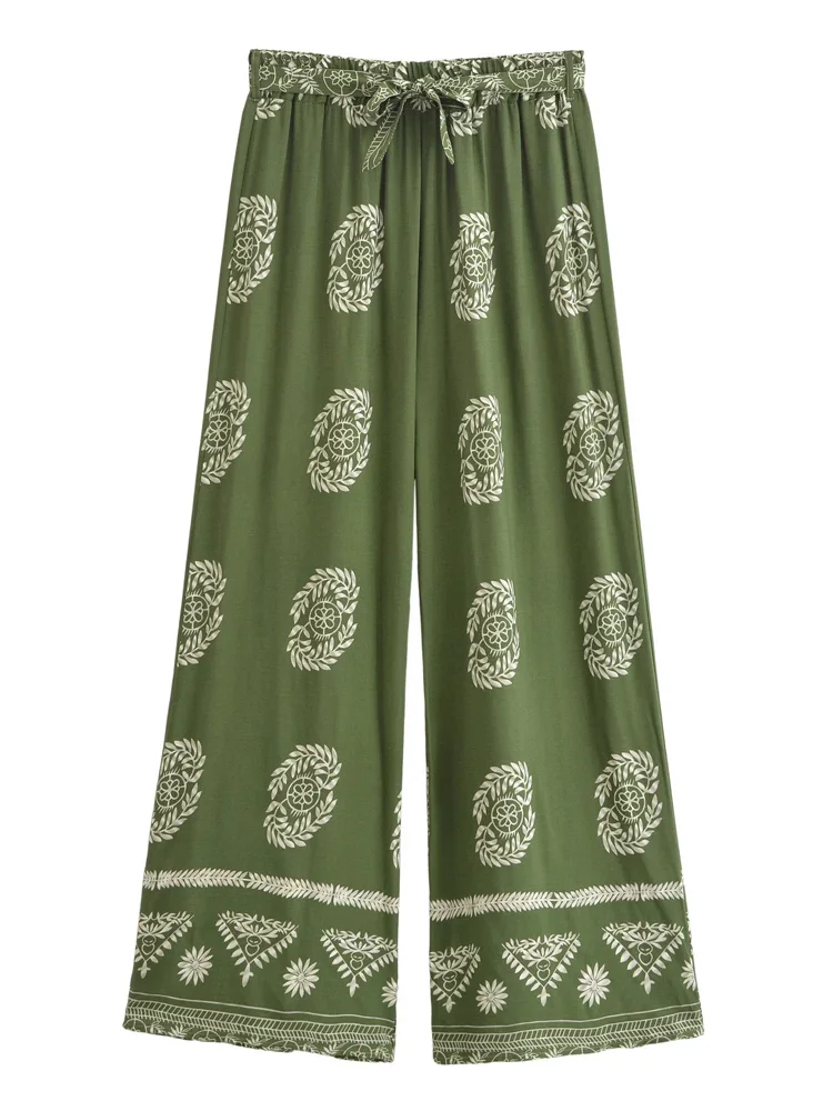 Boho Queens Women Green Floral Bohemian Wide Leg Pants Lady Elastic Waist Loose Vacation Boho Pants Oversize Trousers