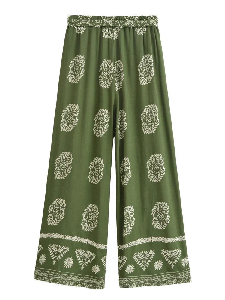 Boho Queens Women Green Floral Bohemian Wide Leg Pants Lady Elastic Waist Loose Vacation Boho Pants Oversize Trousers