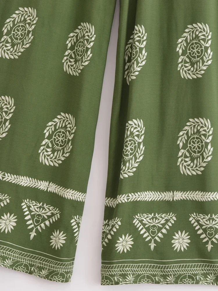 Boho Queens Women Green Floral Bohemian Wide Leg Pants Lady Elastic Waist Loose Vacation Boho Pants Oversize Trousers