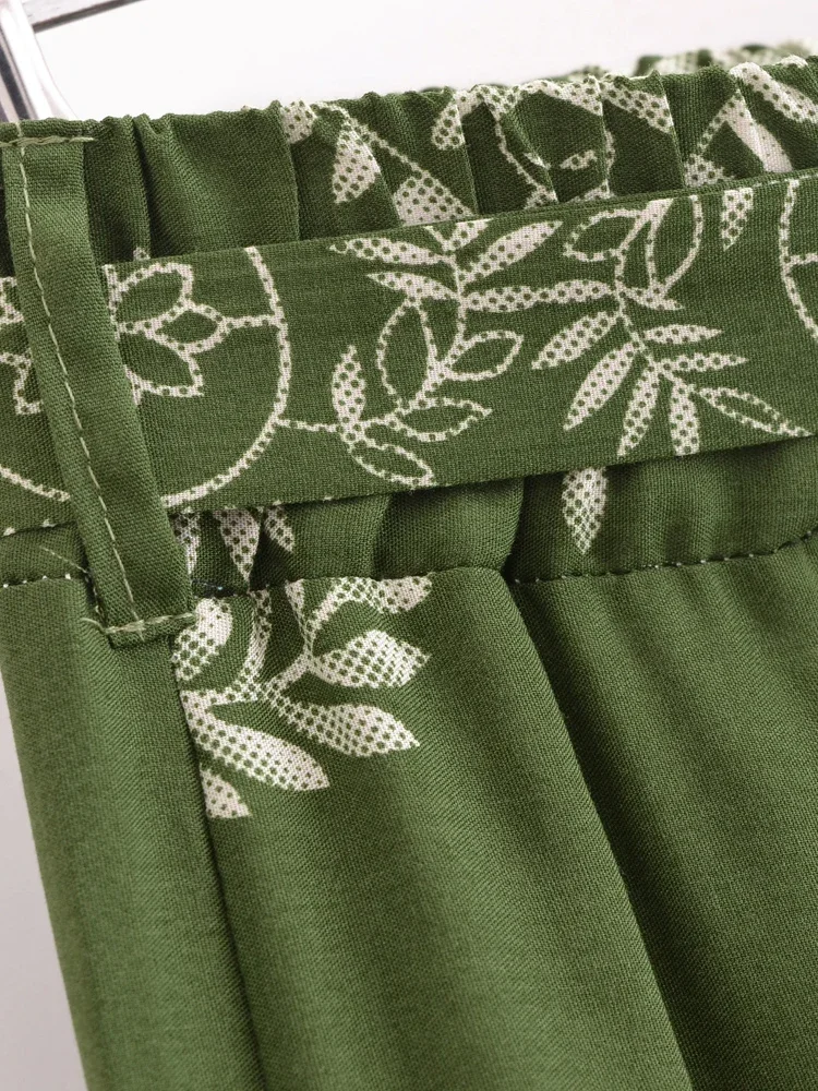 Boho Queens Women Green Floral Bohemian Wide Leg Pants Lady Elastic Waist Loose Vacation Boho Pants Oversize Trousers
