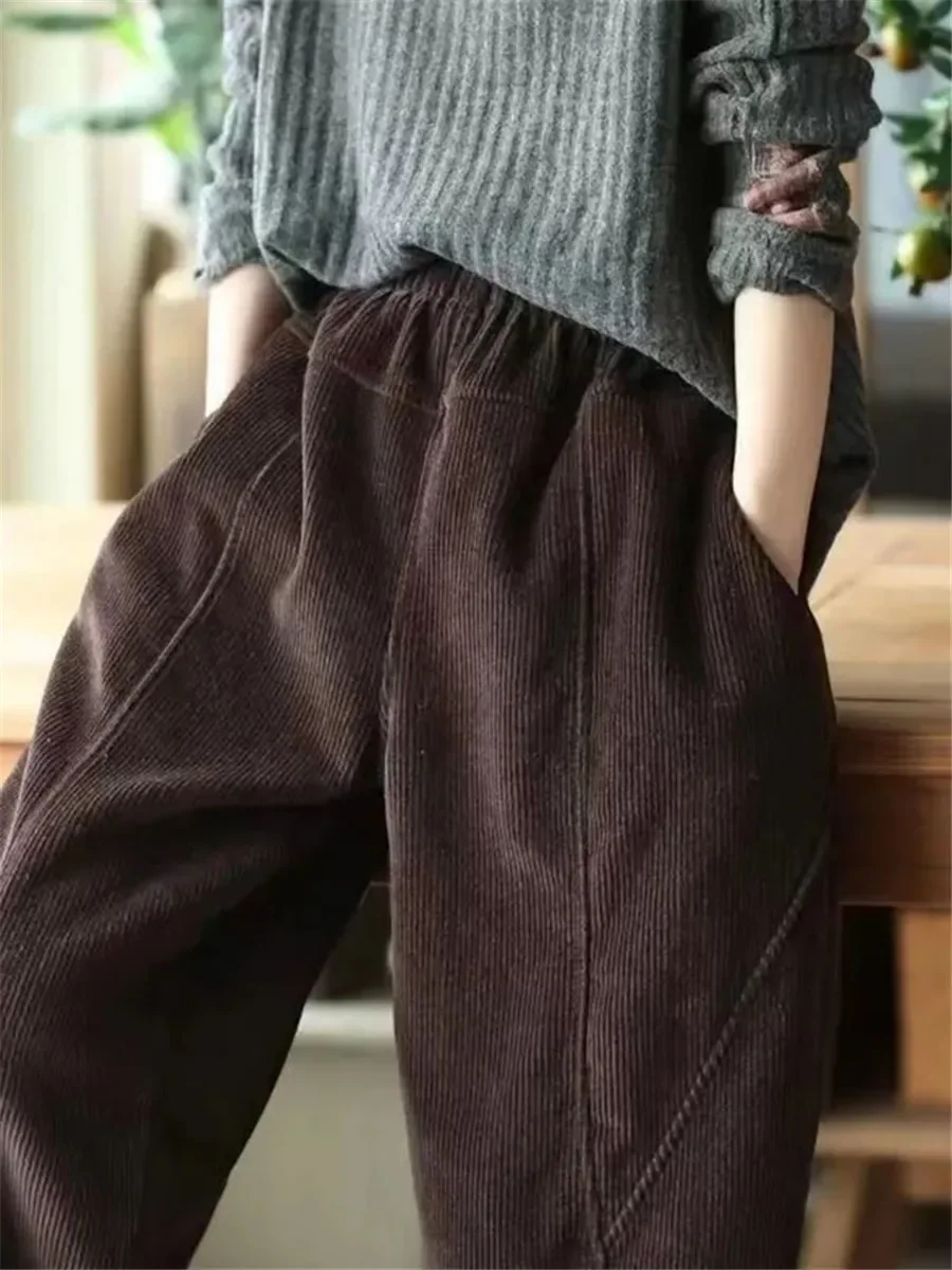 Corduroy Autumn Winter Pants Casual High Waist Warm Women Pantalones Vintage Ankle-length Jogger Fashion Trousers