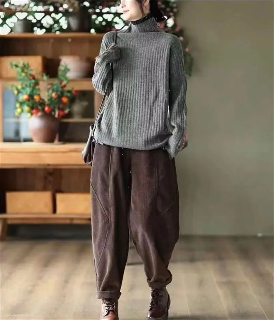 Corduroy Autumn Winter Pants Casual High Waist Warm Women Pantalones Vintage Ankle-length Jogger Fashion Trousers