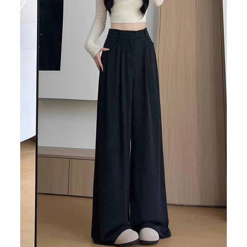 2025 Women Korean Fashion High Waist Pants Girls Retro Casual Straight Leg Trousers Lady Fashion Daily Solid Thin Pants