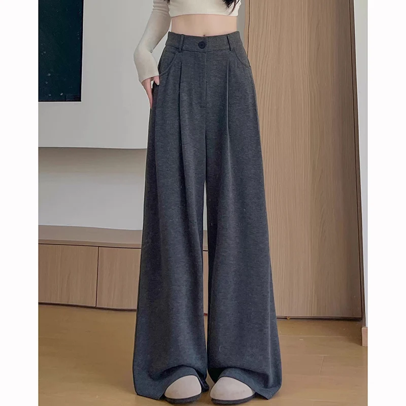2025 Women Korean Fashion High Waist Pants Girls Retro Casual Straight Leg Trousers Lady Fashion Daily Solid Thin Pants