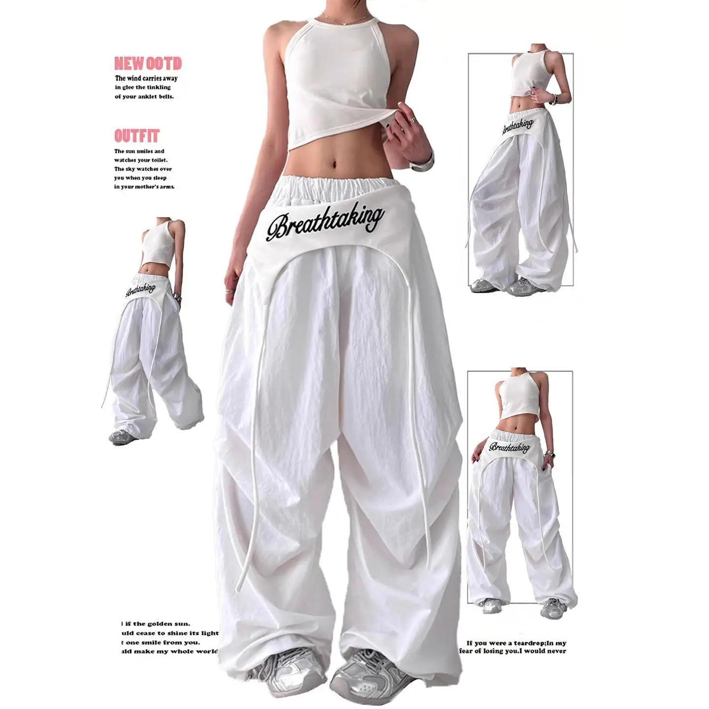 Women's Hip-hop Pants American Streetwear Layered Wide Leg Pants, Summer Breathable Cargo Trousers for Dance & Street Fashion